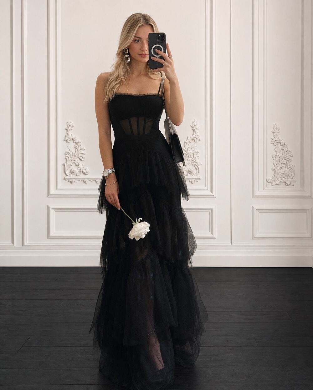 Betsy & Adam Illusion Corset Tiered Tulle Gown Goth Formal Black Sz 6 MSRP $310